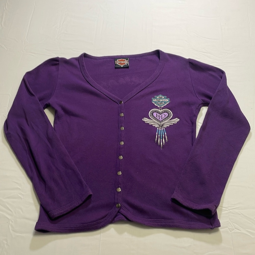 HARLEY DAVIDSON WOMENS SIZE M V-NECK SNAP DOWN LS Top VINTAGE 1980S PURPLE.